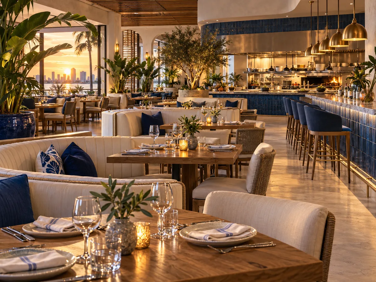 Fictional Miami restaurant with welcoming tables and a bar