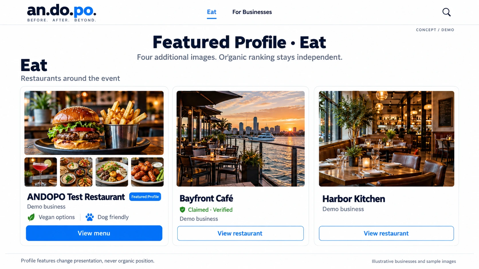 Four more ways to show your business. ANDOPO website comparison with fictional restaurant listings.