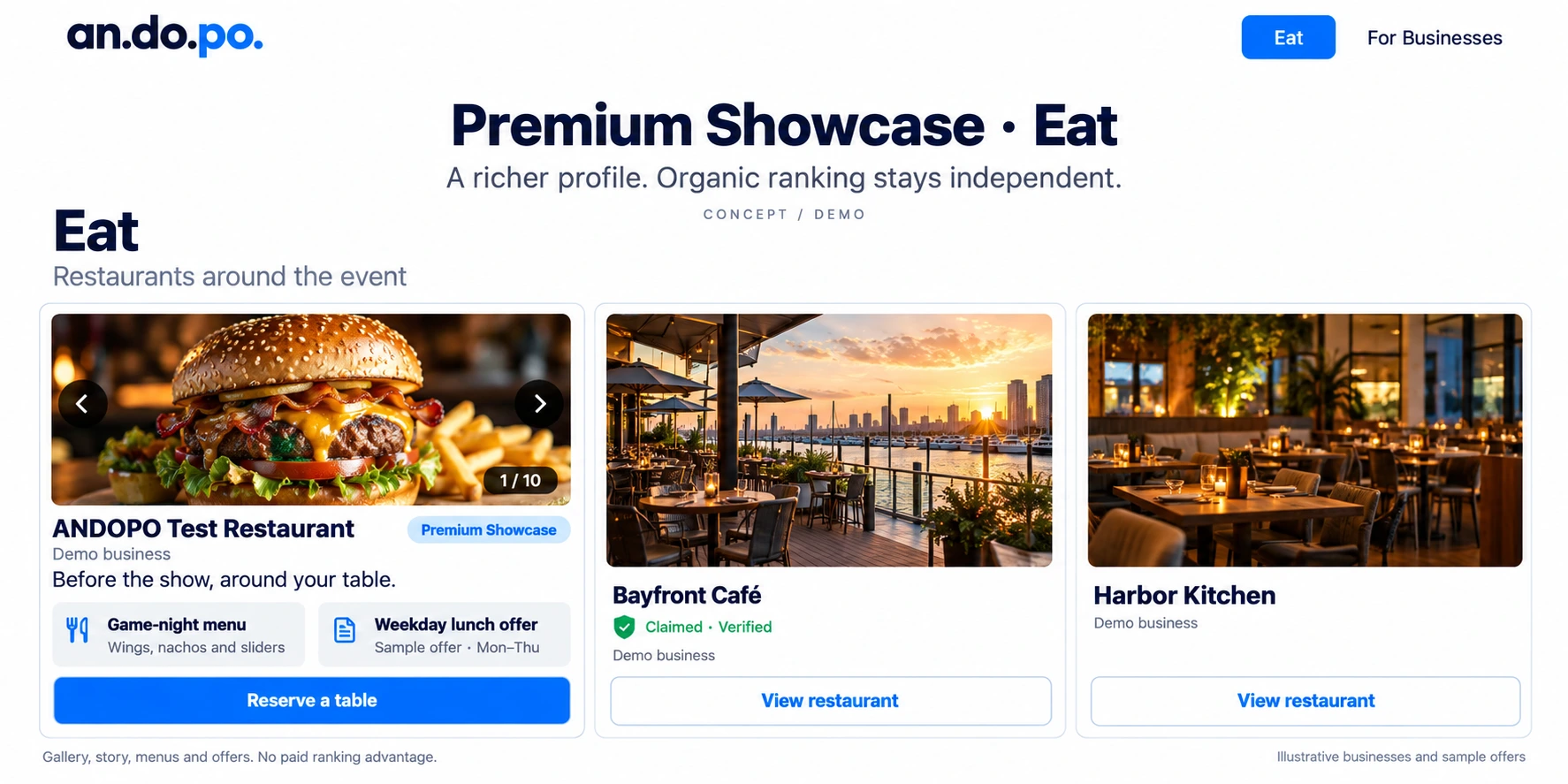 Show the full story in Eat. ANDOPO website comparison with fictional restaurant listings.