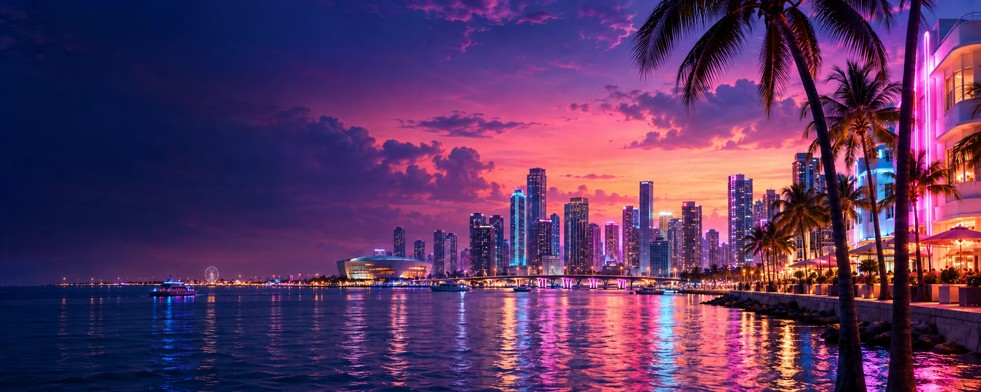 Miami skyline and palms at a vibrant sunset